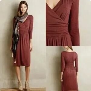 Anthropologie Maeve Galena Dress Jersey Knit V Neck Burgundy Women Medium
